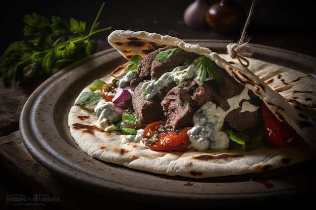 Greek lamb meat gyros with tzatziki sauce feta cheese wrapped in pita breads