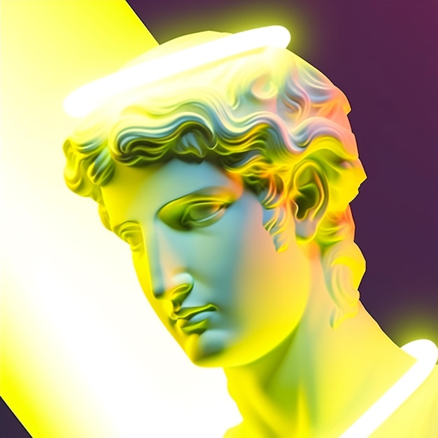 Greek marble statue and yellow neon lighting