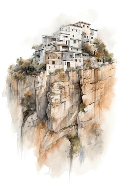 Greek monastery on top of the hill generative ai illustration