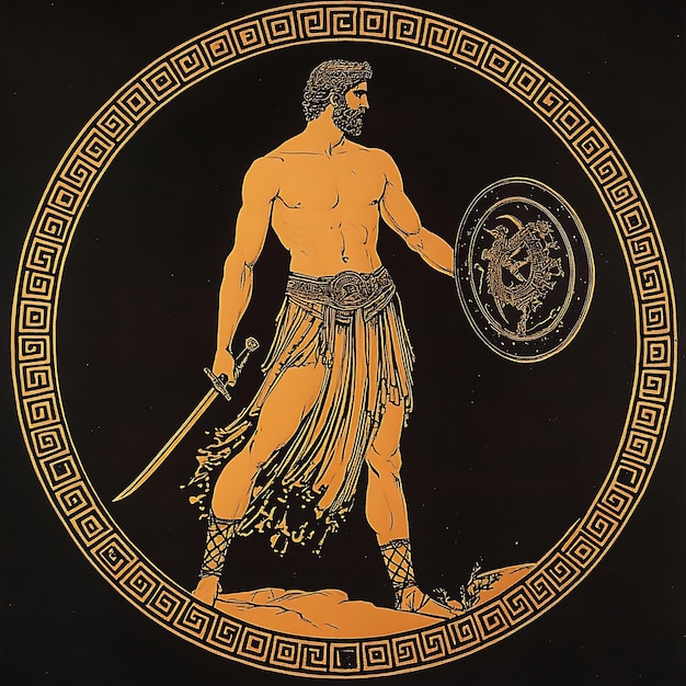 Photo greek mythology illustration of a warrior with a shield and sword