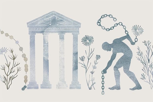 Photo greek mythology temple and chained figure silhouette in floral background