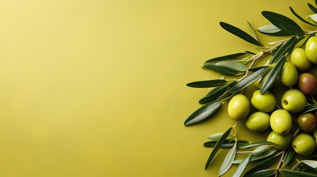 Photo greek organic olives and olive branch and leaves isolated on a yellow green background with space