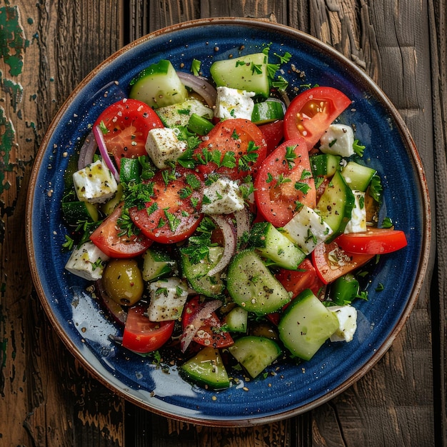 Greek Salad in Blue Plate Villages Salad or Horiatiki with Tomatoes Diced Cucumbers Onion Feta