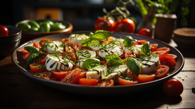 greek salad in bowl with tomatoes basil cheese and herbs on dark background