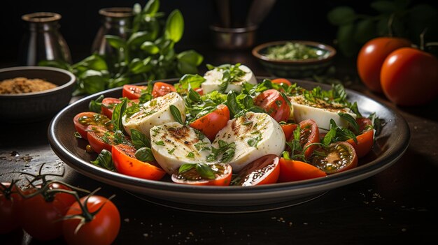 greek salad in bowl with tomatoes basil cheese and herbs on dark background