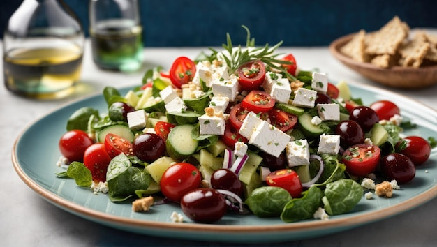 Greek salad of fresh cucumber tomato sweet pepper lettuce red onion feta cheese