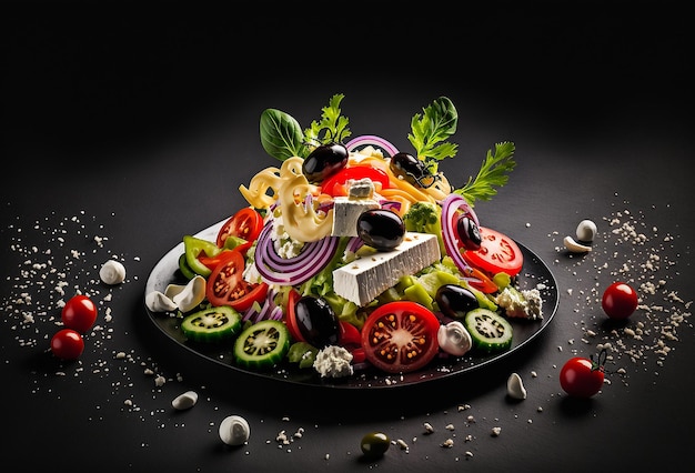 Greek salad product studio photo dark black background fresh tomato and onion salad Generative AI illustration