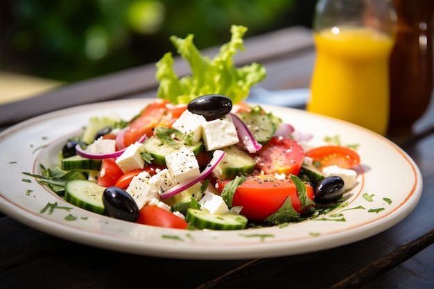 Photo greek salad served on white plate