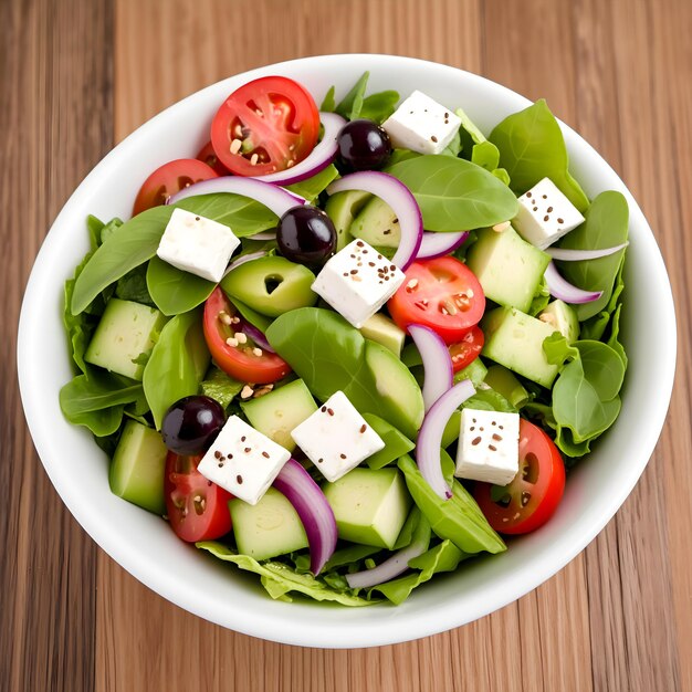 Greek salad in a white bowl on the desk