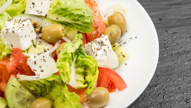 Greek Salad on White Plate Close up