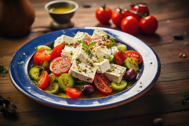 Greek salad with feta cheese and olive oil on plate Greek healthy food