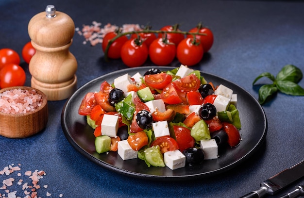 Greek salad with fresh vegetables feta cheese and black olives