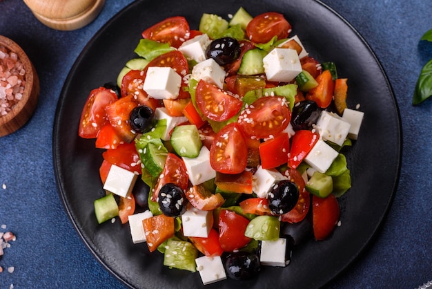 Greek salad with fresh vegetables feta cheese and black olives