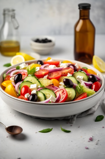 Greek salad with fresh vegetables feta cheese and kalamata olives Healthy food Generative ai