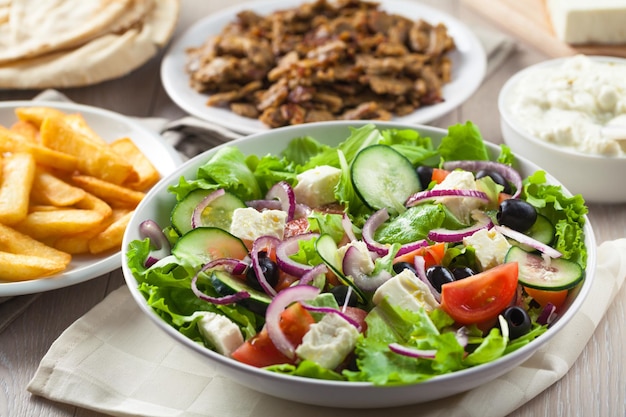 Greek Salad with Gyros and Fries