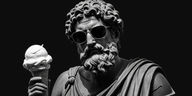 A greek statue thinking with sunglasses holding a ice cream