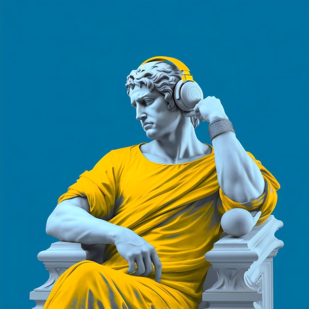 Greek statue wearing headphones