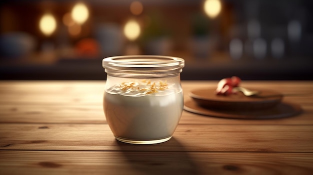 Greek yogurt in a glass jar on a wooden table in a restaurantgenerative ai