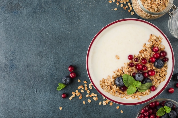 Greek yogurt with granola, fresh blueberries, cranberries and mint in a plate on a dark blue background. A light breakfast for diet and fitness. Top view with a copy space for the text.