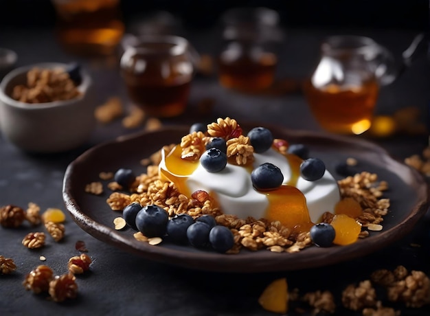 Greek yogurt with honey and granola on dish On dark rustic background ai generative