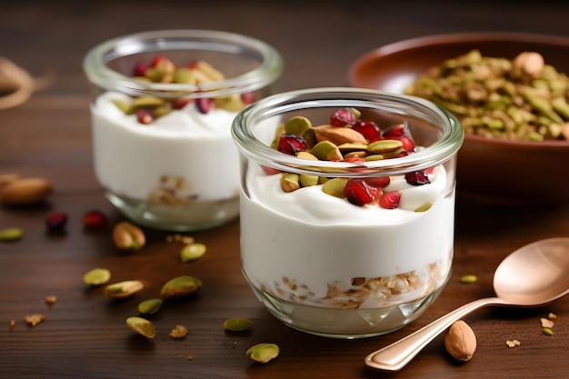 Greek yogurt with pistachios and dried cranberries in glass jars