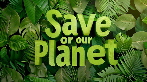 Photo green 3d letters spelling quotsave our planetquot surrounded by lush tropical leaves on a black background