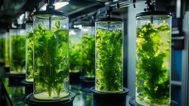 Photo green algae growing in glass cylinders in a laboratory setting