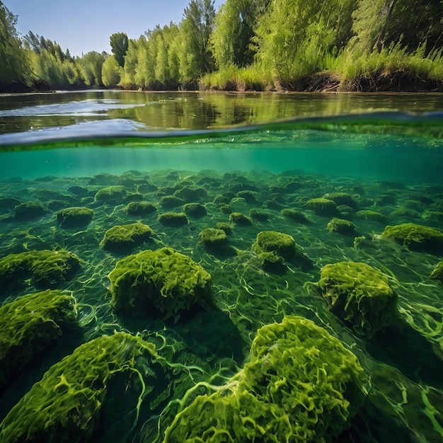 Photo green algae underwater in the river landscape riverscape ecology nature