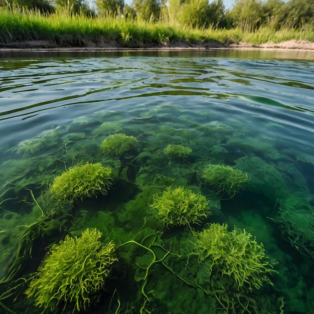 Photo green algae underwater in the river landscape riverscape ecology nature