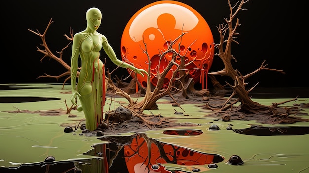 Photo a green alien figure is standing in front of a orange planet