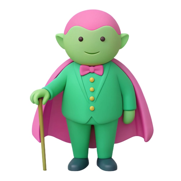 a green alien figurine with a pink cape and pink cape