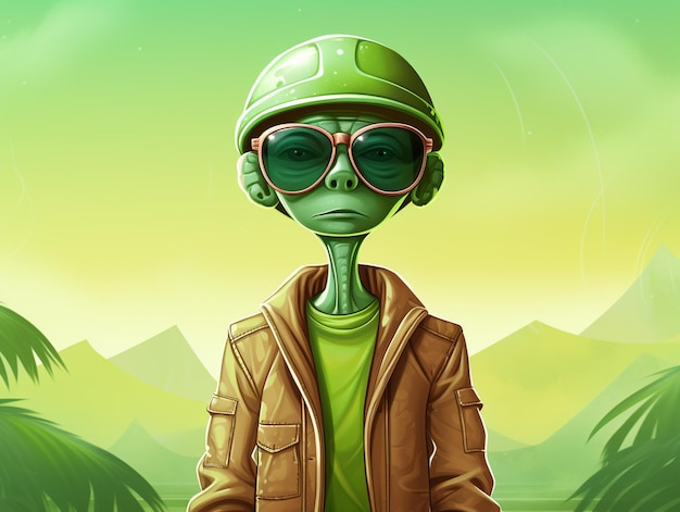 Photo green alien wearing summer outfit vector illustration