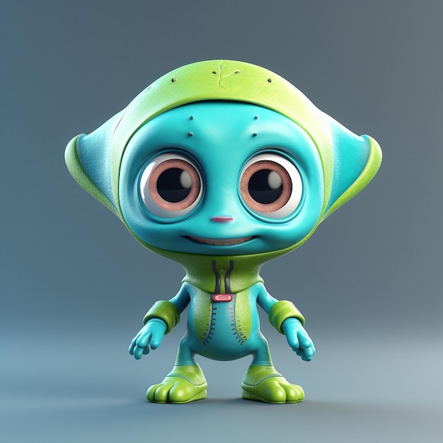 A green alien with a blue face and big eyes is standing in front of a gray background.