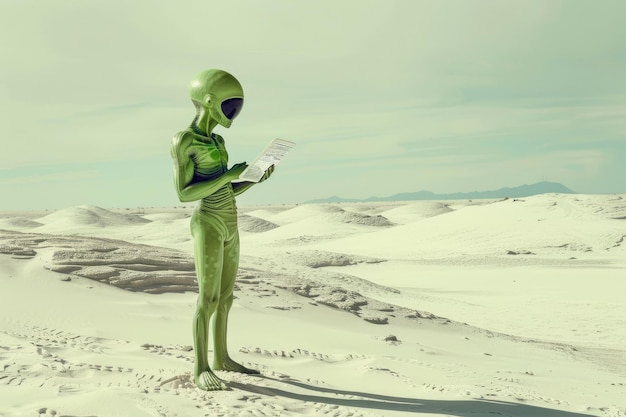 Green alien with electronic map on flexible tablet in white lunar desert