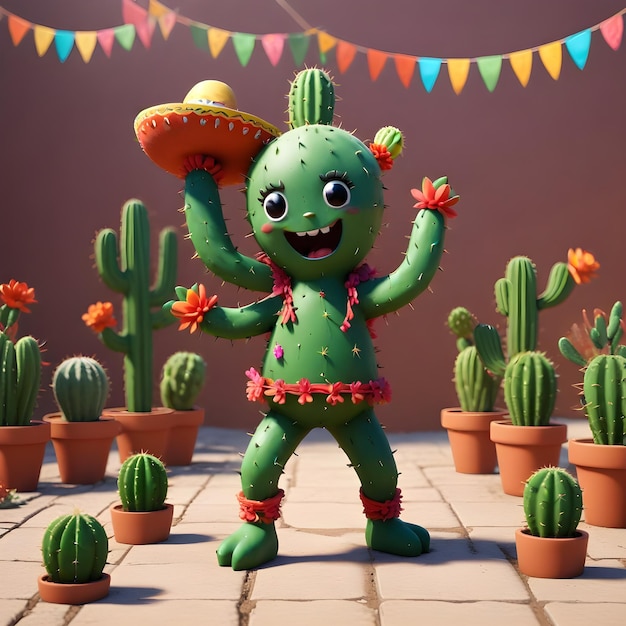 a green alien with a sombrero on his head stands in front of a row of potted cactus