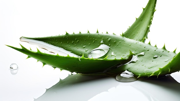 A green aloe vera leaf with water drops on it