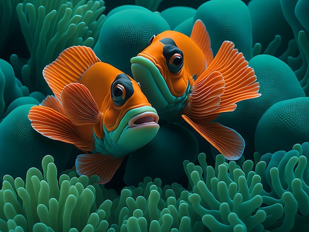 A green anemone with three orange nemo clownfish Ai generation