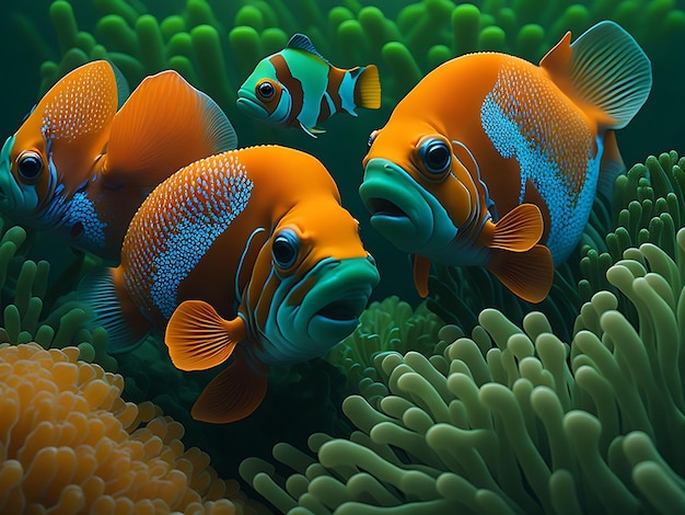 A green anemone with three orange nemo clownfish Ai generation