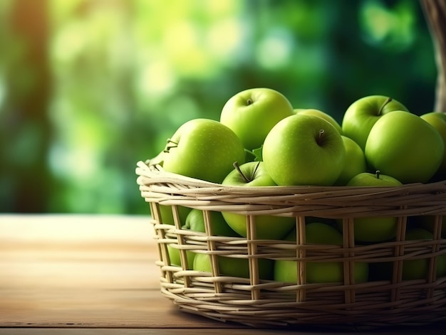 Green apple on basket photograph