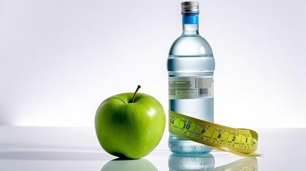 A green apple next to a green apple and a measuring tape