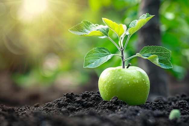 Photo a green apple is growing in the soil with a plant in the background