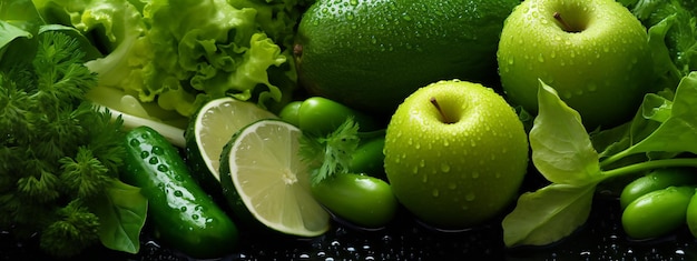 A green apple is sitting on a table with a slice of lime.