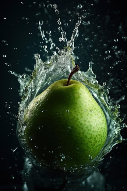 A green apple is splashing in the water.