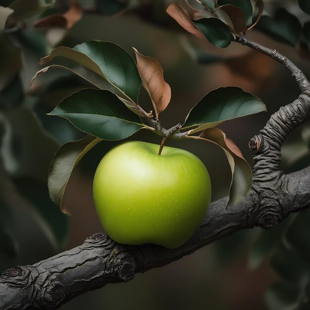 Photo a green apple is on a tree branch with leaves