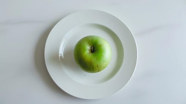 a green apple on a plate with a white plate with a bite taken out of it