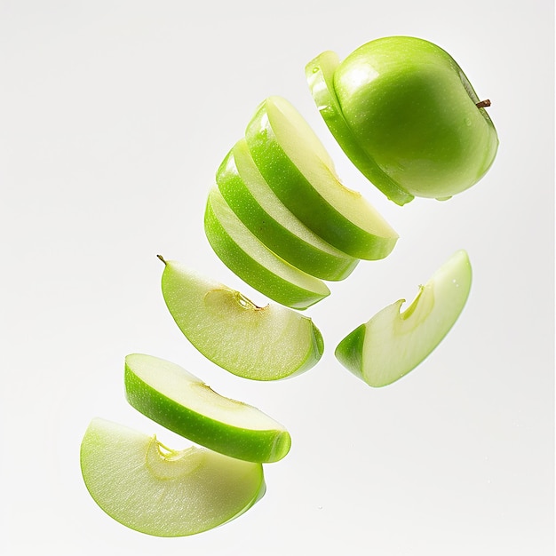 green apple slices with one half cut out and the other half is green