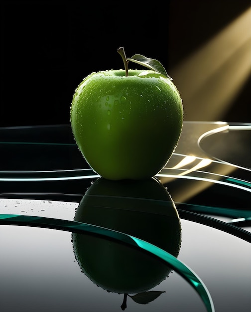 Photo the green apple sparkling with dew sits on an elegant glass table