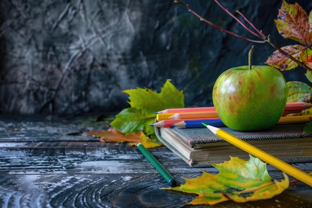 Green Apple with Autumn Leaves and School Supplies on Dark Wooden Background