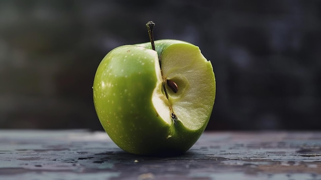 a green apple with a bite taken out of it