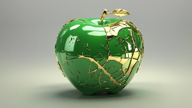 a green apple with a broken glass on it